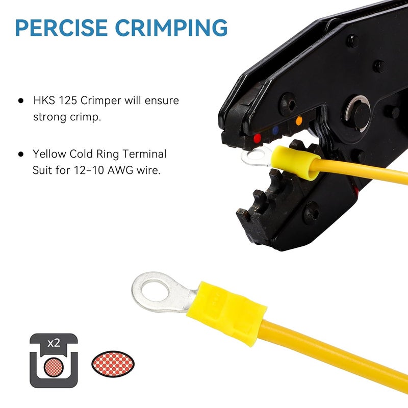 HK-S 60PCS Insulated Ring Terminal 5/16" Yellow 12-10 AWG - M8 - Tinned Red Copper - Electrical Wire Connector Kit Crimp PVC - Image 5
